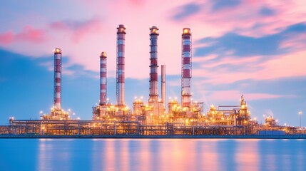 Obraz premium Oil refinery at night, illuminated structures, industrial landscape