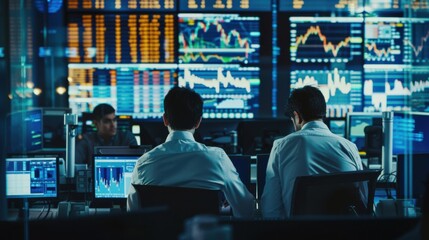 A financial trading floor with brokers and analysts actively monitoring market trends, trading systems, and real-time data in a bustling financial district