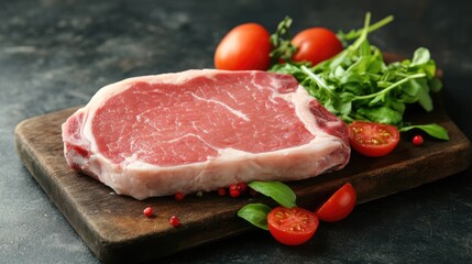 Fototapeta premium Fresh Raw Steak with Cherry Tomatoes and Green Herbs on Wooden Board