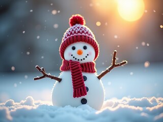 A cheerful snowman wearing a red hat and scarf stands in soft snow as sunlight filters through falling snowflakes during winter