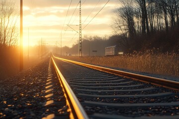 Obraz premium Sunset illumination on a tranquil railway track surrounded by nature and gentle grassland