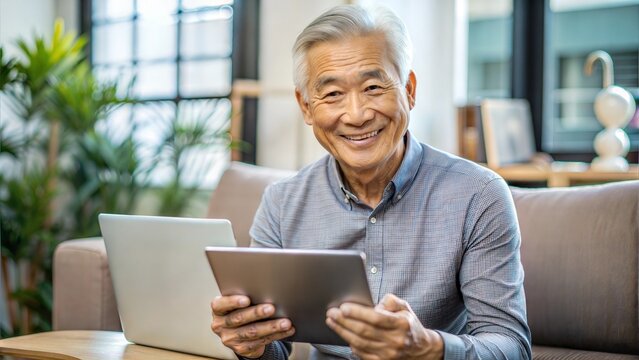 Headshot portrait smiling positive elderly Asian man remote worker freelancer home office mobile