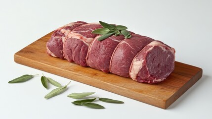 Fresh Raw Beef Cut on Wooden Board with Green Herbs for Cooking