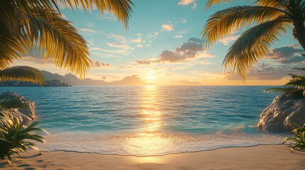 Golden sunset beach scene with palm trees, ocean, and rocks; perfect for travel brochures, websites, and tropicalthemed designs. Generated AI