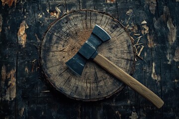 Fototapeta premium Axe stuck in center of wooden bullseye with shards scattered around it