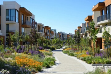 Obraz premium Sustainable community showcasing eco-conscious living spaces, energy-saving residences, and natural green areas for residents to enjoy