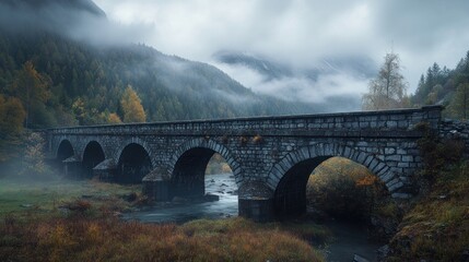 The Forgotten Bridges of Ancient Worlds: Crossing Time and Terrain,Focus on ancient stone or wooden bridges. Use symmetrical compositions to highlight their engineering elegance.