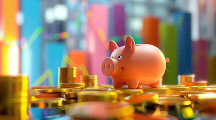Obraz premium A playful cartoon piggy bank sitting atop a pile of coins