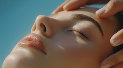 Naklejka premium A serene close-up of a woman receiving a facial massage, showcasing relaxation and skincare in a tranquil setting.
