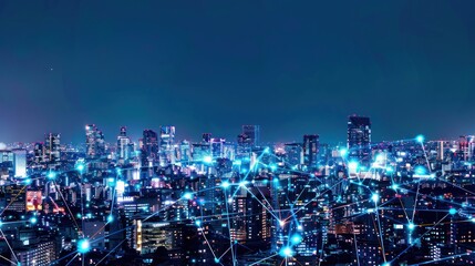 Cityscape at Night with Network Connections