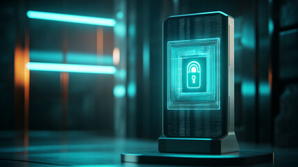 Obraz premium Phone on a pedestal. On the screen is a holographic lock. Safer Internet Day