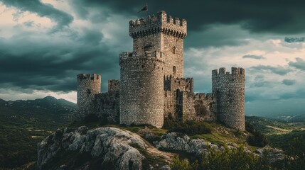 Guardians of the Ancients: Exploring Castles and Their Hidden Histories,Showcase medieval castles or fortresses, emphasizing their structural majesty and historical significance. Use dramatic skies