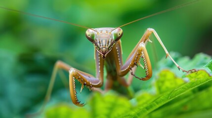photograph of Mantis on a green leaf, macro photography of a praying mantis with long arms and a cute face looking at the camera,