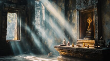 Obraz premium Relics of Ancient Religions: Capturing the Spiritual Legacy of Early Cultures,Photograph religious artifacts, altars, or sacred sculptures in their historical context. Look for beams of natural light 