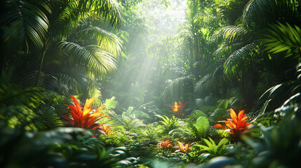 Lush green jungle foliage with vibrant orange plants and sunbeams suitable for nature websites, travel blogs, botanical prints, and environmental presentations. Generated AI