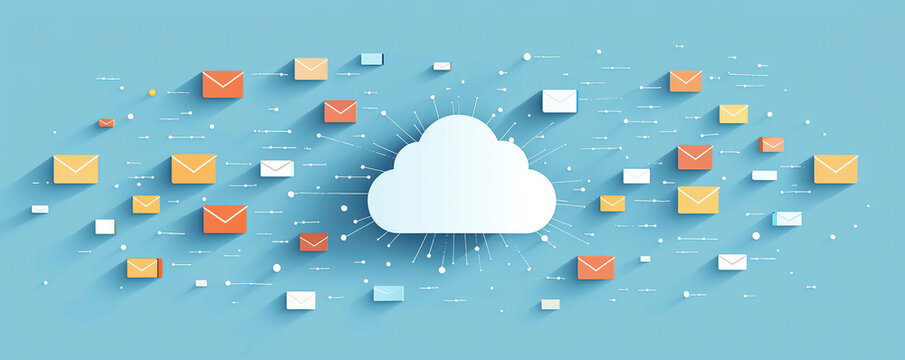 A flat design cloud is surrounded by various floating envelopes, symbolizing digital communication and email flow in a vibrant blue background, representing a technological theme.
