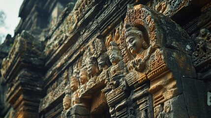 Obraz premium Unveiling the Mysteries of an Ancient Temple Through Intricate Carvings and Forgotten Histories,Highlight the cultural and spiritual significance of ancient temples by focusing on the ornate carvings