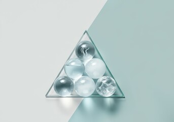 Fototapeta premium Geometric triangle of transparent spheres on bicolored background