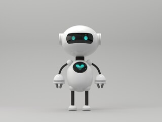 Friendly cute cartoon robot - 3d render. Technology concept. Customer support chatbot, online consultant, assistant. Bot with smiling face on the screen. Robotic toy.