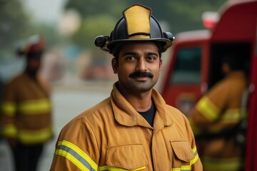 Indian firefighter in uniform. Professional firefighter looks happy, strong. Standing near firetruck. Emergency service worker. Wearing protective gear. Portrait of brave person on duty. Proud,