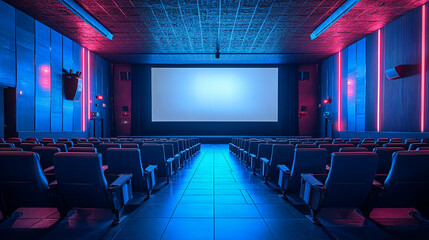 Empty theater seats face bright screen in neonlit auditorium. Perfect for illustrating film industry, entertainment venues, or cinematic experience concepts. Generated AI