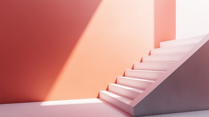 Modern Minimalist Staircase with Coral Walls and Elegant Light Play