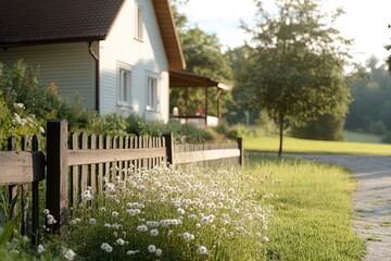 Fototapeta premium Sunny afternoon at a charming house with a flower-filled garden and rustic fence