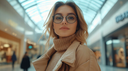 Blonde woman with glasses and beige coat sweater against a mall background. Suitable for lifestyle, fashion, shopping, and winter concept designs. Generated AI