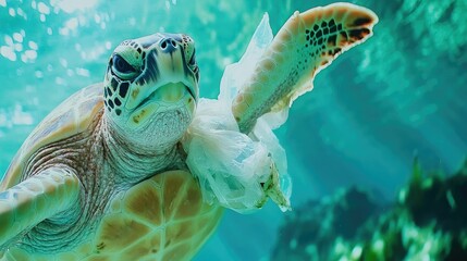 Fototapeta premium A close view of a turtle struggling with plastic waste entangling its flipper, set in clear, deep ocean water