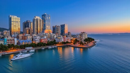 Obraz premium Generative AI, Coastal Cityscape at Sunset with Glass Skyscrapers and Ocean Views
