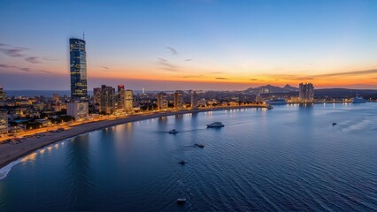 Fototapeta premium Generative AI, Coastal Cityscape at Sunset with Glass Skyscrapers and Ocean Views