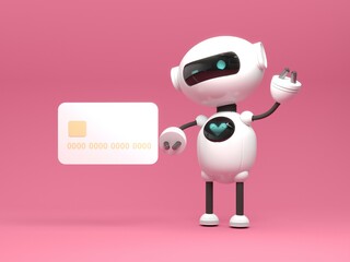 Friendly cute cartoon robot - 3d render. Technology concept. Customer support chatbot, online consultant, assistant, kawaii bot. Social media apps, UI and UX web design, application development.