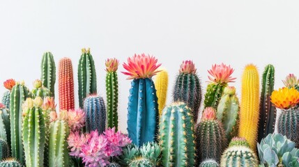 A collection of striking cacti in bold colors, displayed vividly on a plain white background for contrast