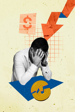 Trend artwork sketch design montage collage of depressed young guy businessman sit cover face arrow show direction down loss broken coins