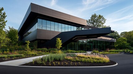 Obraz premium Modern Architectural Marvel: Sleek Black Office Building Amidst Lush Greenery