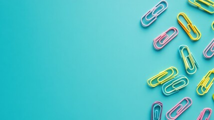 Obraz premium A creative flat lay of colorful paper clips organized by hue on a smooth aqua backdrop