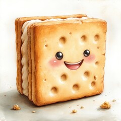 A cute, smiling dessert resembling a sandwich cookie with cream filling.