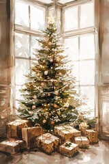 Christmas tree with presents under it in the style of chic watercolor illustration. Holiday greeting card design. New year symbol.