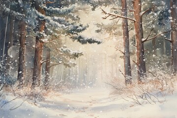 Illustration of winter magic forest with snow and trees. Holiday greeting card design. New year and Christmas.