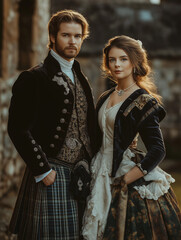 Elegant couple in traditional Scottish kilts for Hogmanay