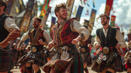 Group of men dancing in traditional Scottish kilts during Hogmanay