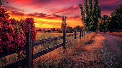 Obraz premium Vibrant Sunset Over Tranquil Countryside with Rustic Fence and Colorful Foliage in Autumn, Showcasing Nature’s Splendor and Peaceful Landscape