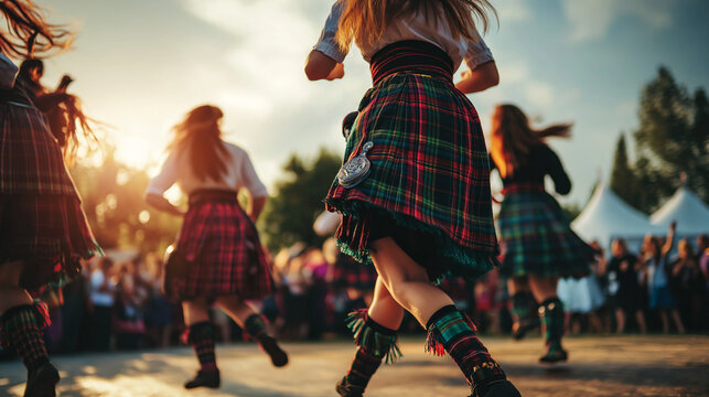 Women dancing in traditional Scottish kilts at outdoor festival
