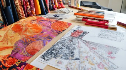 Fototapeta premium A designer's workspace showcasing detailed fashion drawings and fabric pieces on a bright, organized table