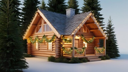 A wooden house in eco-style standing alone in the forest, decorated with burning garlands