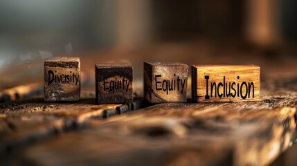 A close-up shot of wooden blocks with the words "Diversity, Equity, Inclusion" sculpted in elegant 3D lettering, resting on a rustic wooden surface, capturing the essence of inclusivity and unity.