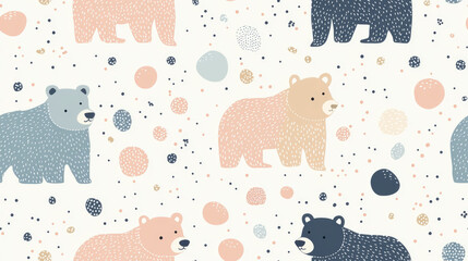 Vibrant vector pattern showcases adorable bear icons surrounded by colorful dots, perfect for children\'s textiles and playful design projects