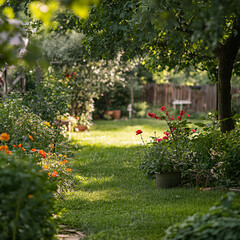 Obraz premium Serene garden gathering residential backyard photography lush greenery eye-level view nature's tranquility