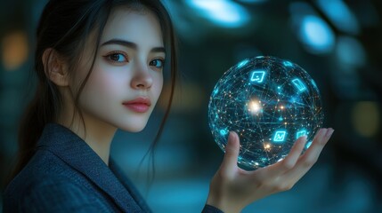 Naklejka premium A woman is holding a glowing ball with many icons on it. Generative AI