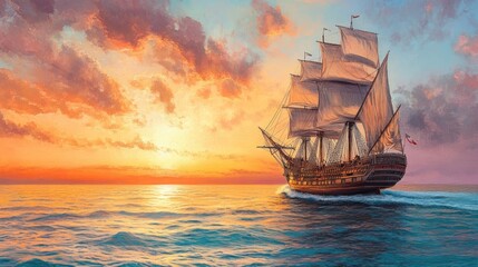 Obraz premium A majestic sailing ship from the Age of Exploration crossing a calm ocean at dawn, Columbus Day celebration, vibrant sunrise, detailed waves, photorealistic